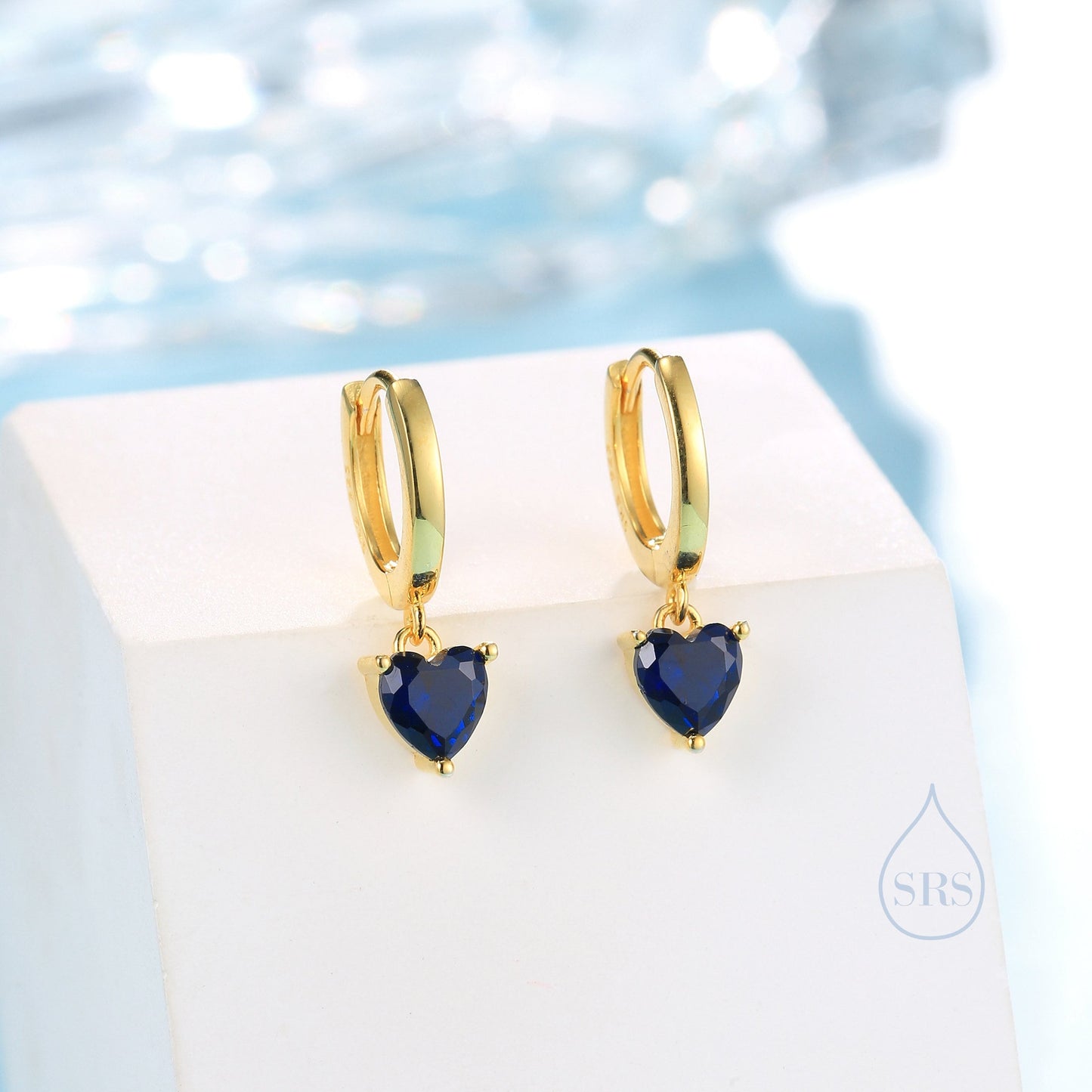 Sapphire Blue Heart CZ Huggie Hoop in Sterling Silver, Silver or Gold, 8mm Inner Diameter, Stacking Earrings, September Birthstone