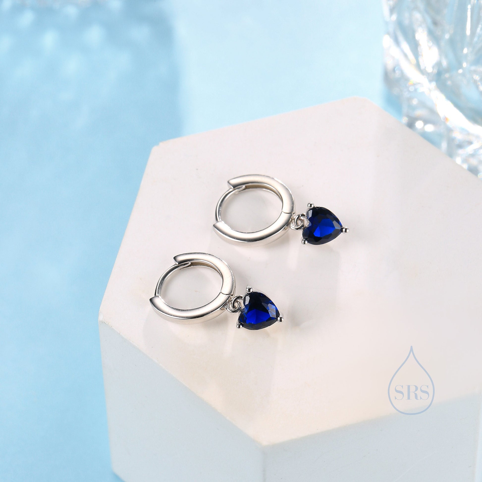 Sapphire Blue Heart CZ Huggie Hoop in Sterling Silver, Silver or Gold, 8mm Inner Diameter, Stacking Earrings, September Birthstone