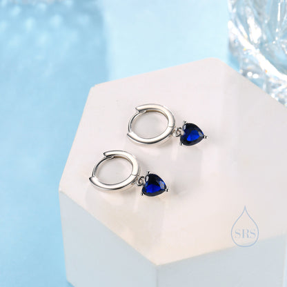 Sapphire Blue Heart CZ Huggie Hoop in Sterling Silver, Silver or Gold, 8mm Inner Diameter, Stacking Earrings, September Birthstone