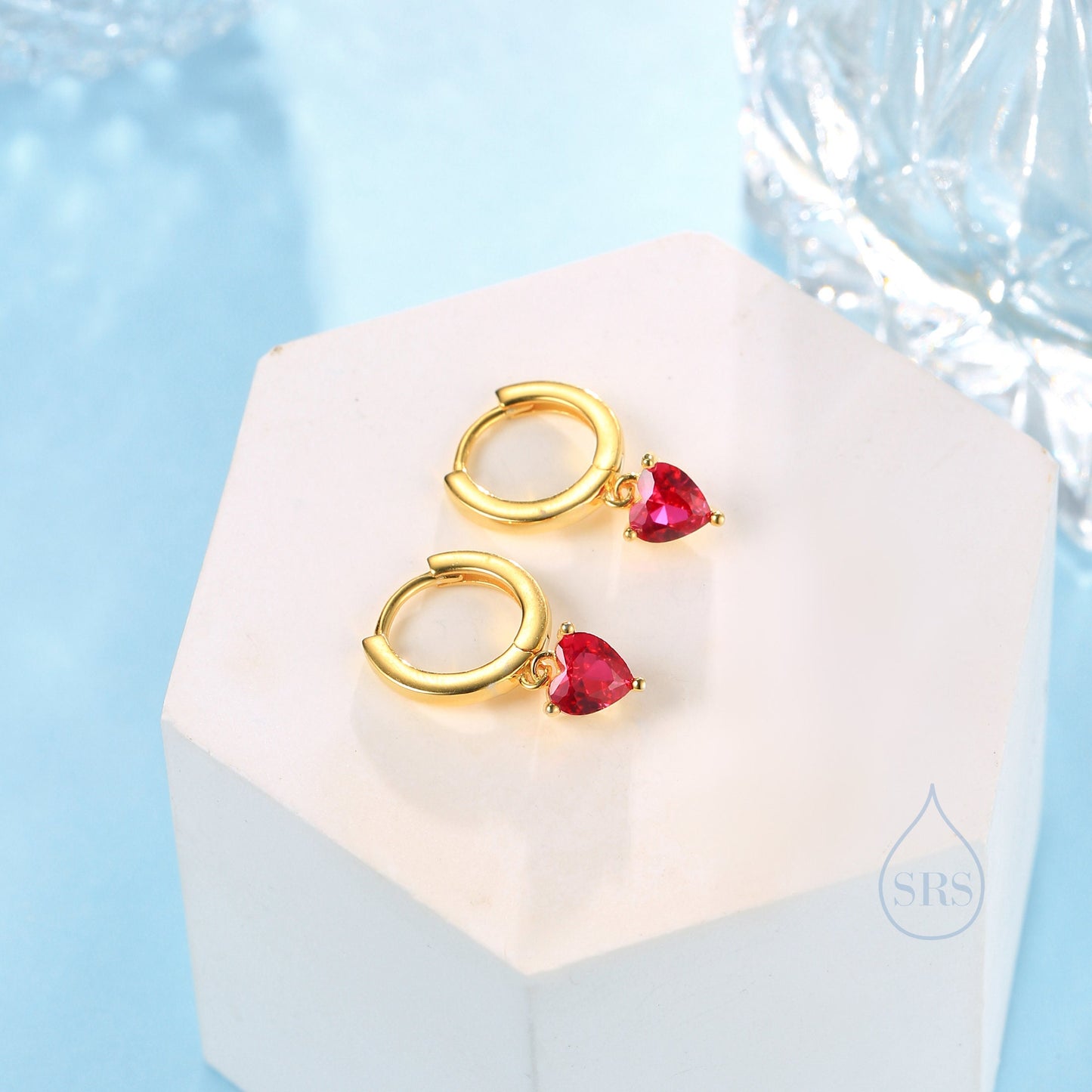 Ruby Red Heart CZ Huggie Hoop in Sterling Silver, Silver or Gold, 8mm Inner Diameter, Stacking Earrings, July Birthstone