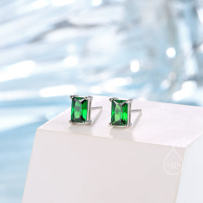 Emerald Cut Emerald Green CZ Stud Earrings in Sterling Silver, Rectangular Cut Crystal Earrings, May Birthstone