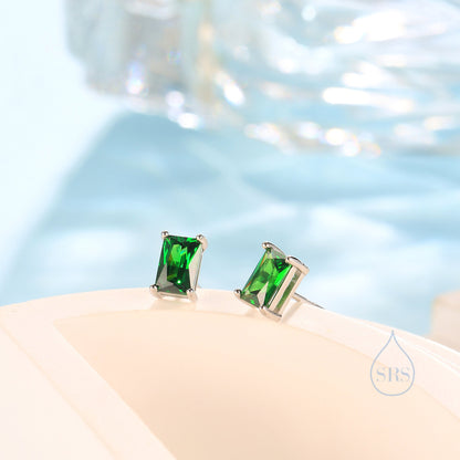 Emerald Cut Emerald Green CZ Stud Earrings in Sterling Silver, Rectangular Cut Crystal Earrings, May Birthstone