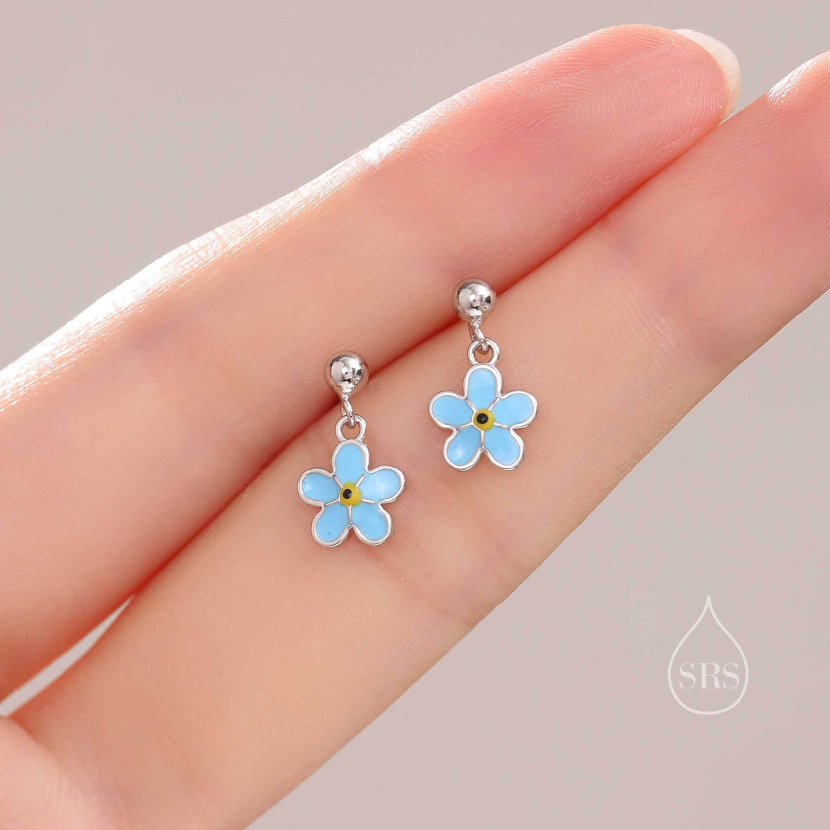 Sterling Silver Enamel Forget-me-not Flower Drop Stud Earrings, Dainty Dangle Forget Me Not Flower Earrings