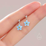 Sterling Silver Enamel Forget-me-not Flower Drop Stud Earrings, Dainty Dangle Forget Me Not Flower Earrings