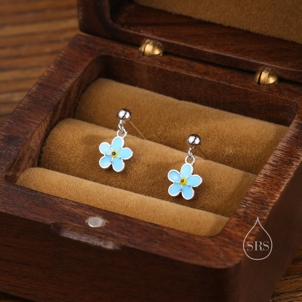 Sterling Silver Enamel Forget-me-not Flower Drop Stud Earrings, Dainty Dangle Forget Me Not Flower Earrings