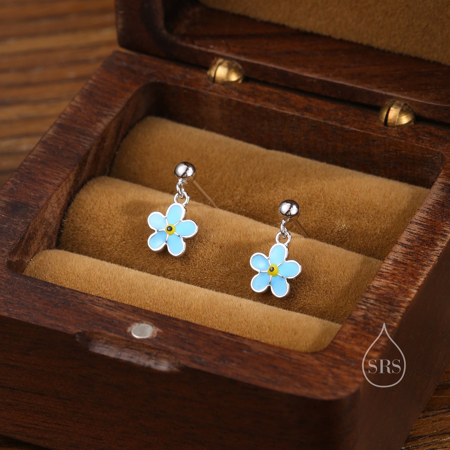 Sterling Silver Enamel Forget-me-not Flower Drop Stud Earrings, Dainty Dangle Forget Me Not Flower Earrings