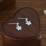 Sterling Silver Enamel Forget-me-not Flower Drop Stud Earrings, Dainty Dangle Forget Me Not Flower Earrings