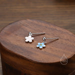Sterling Silver Enamel Forget-me-not Flower Drop Stud Earrings, Dainty Dangle Forget Me Not Flower Earrings