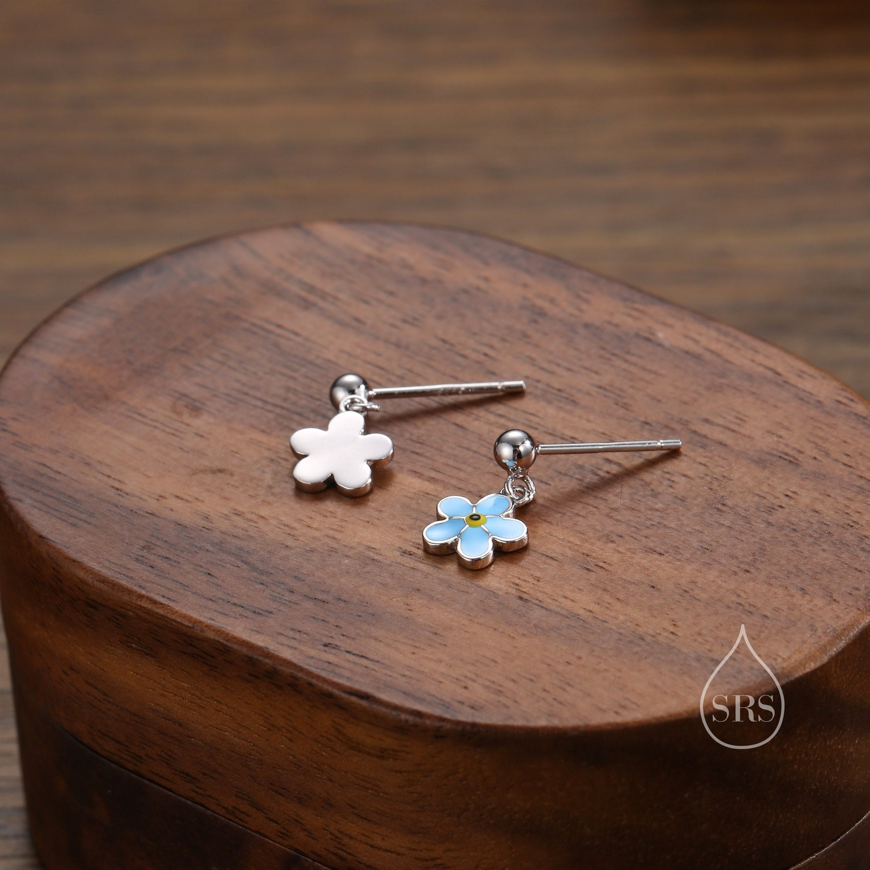 Sterling Silver Enamel Forget-me-not Flower Drop Stud Earrings, Dainty Dangle Forget Me Not Flower Earrings