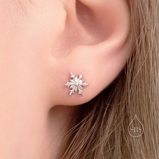 Sterling Silver Snowflake Stud Earrings, Snow Earrings, Available in Three Finishes - Silver, Gold and Rose Gold, Dainty Snowflake