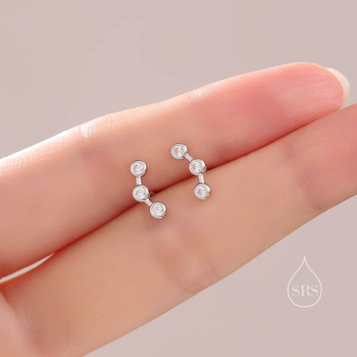Tiny CZ Trio Constellation Stud Earrings in Sterling Silver, Silver, Gold or Rose Gold, Three CZ Earrings, CZ Cluster Earrings