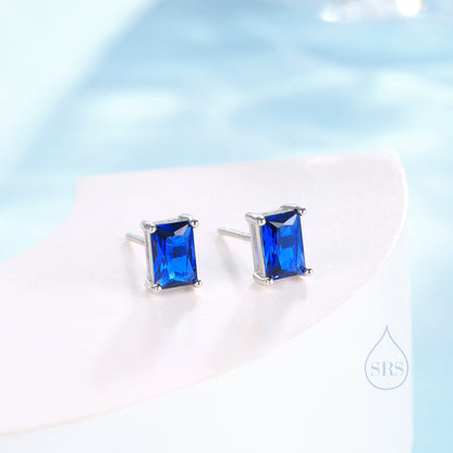 Emerald Cut Sapphire Blue CZ Stud Earrings in Sterling Silver, Rectangular Cut Crystal Earrings, September Birthstone