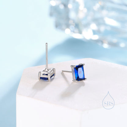 Emerald Cut Sapphire Blue CZ Stud Earrings in Sterling Silver, Rectangular Cut Crystal Earrings, September Birthstone