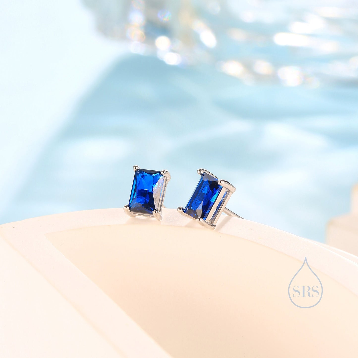 Emerald Cut Sapphire Blue CZ Stud Earrings in Sterling Silver, Rectangular Cut Crystal Earrings, September Birthstone