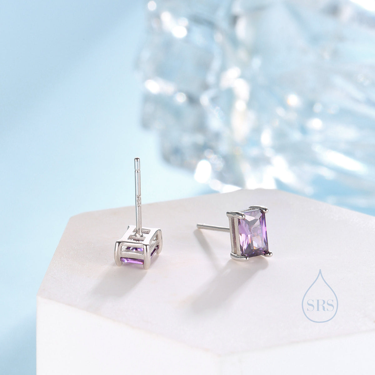 Emerald Cut Amethyst Purple CZ Stud Earrings in Sterling Silver, Rectangular Cut Crystal Earrings, February Birthstone