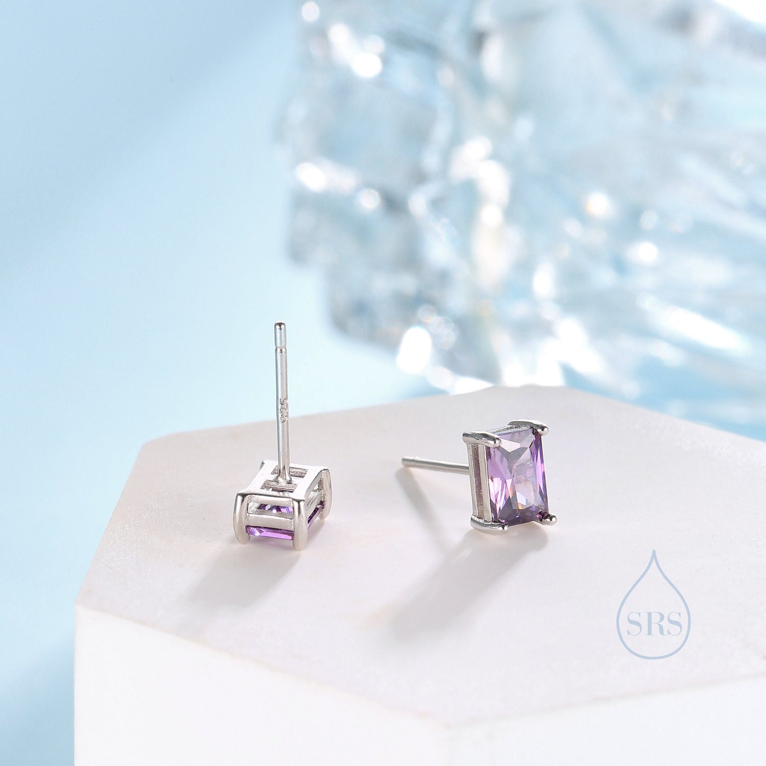 Emerald Cut Amethyst Purple CZ Stud Earrings in Sterling Silver, Rectangular Cut Crystal Earrings, February Birthstone