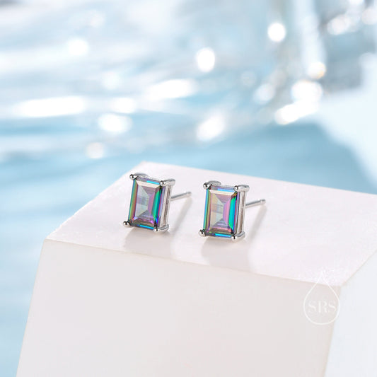 Emerald Cut Mystic Black CZ Stud Earrings in Sterling Silver, Rectangular Cut Crystal Earrings, Mystic Topaz