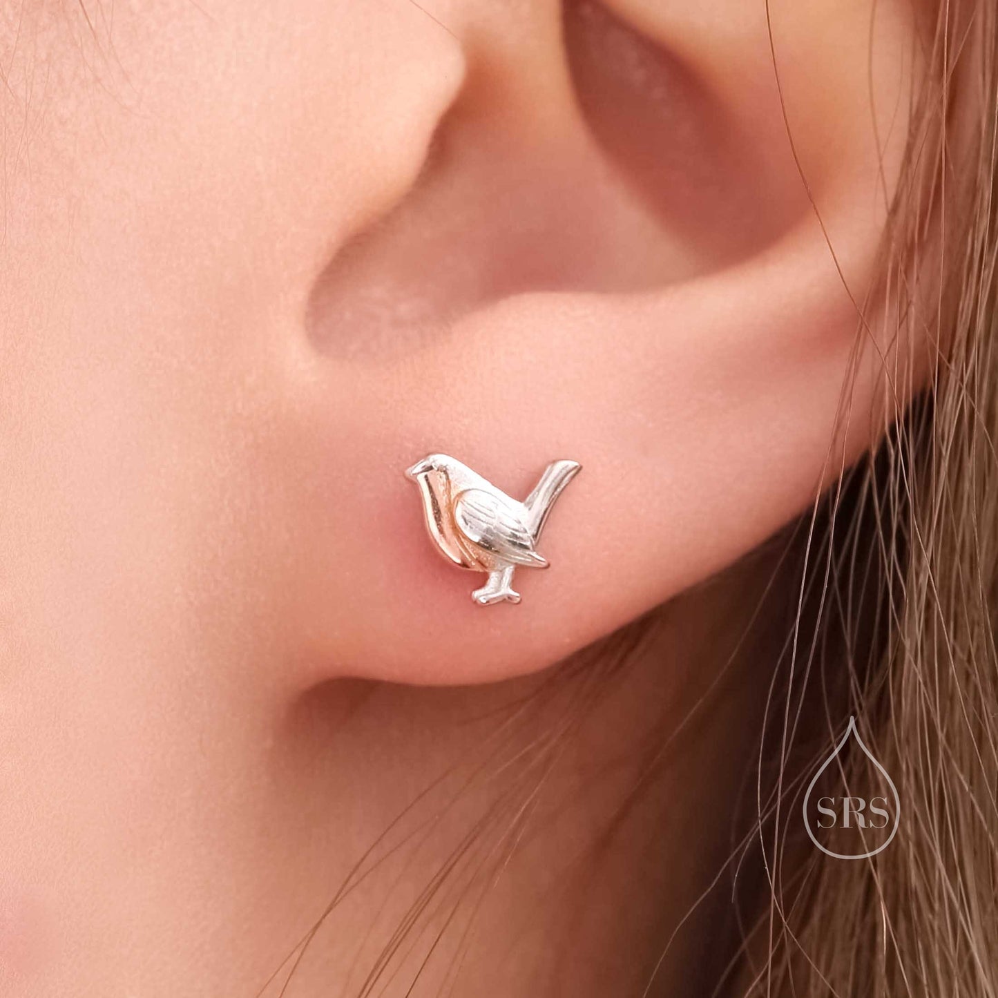 Robin Bird Stud Earrings in Sterling Silver with Partial Rose Gold Coating, Sterling Silver Robin Earrings, Nature Inspired