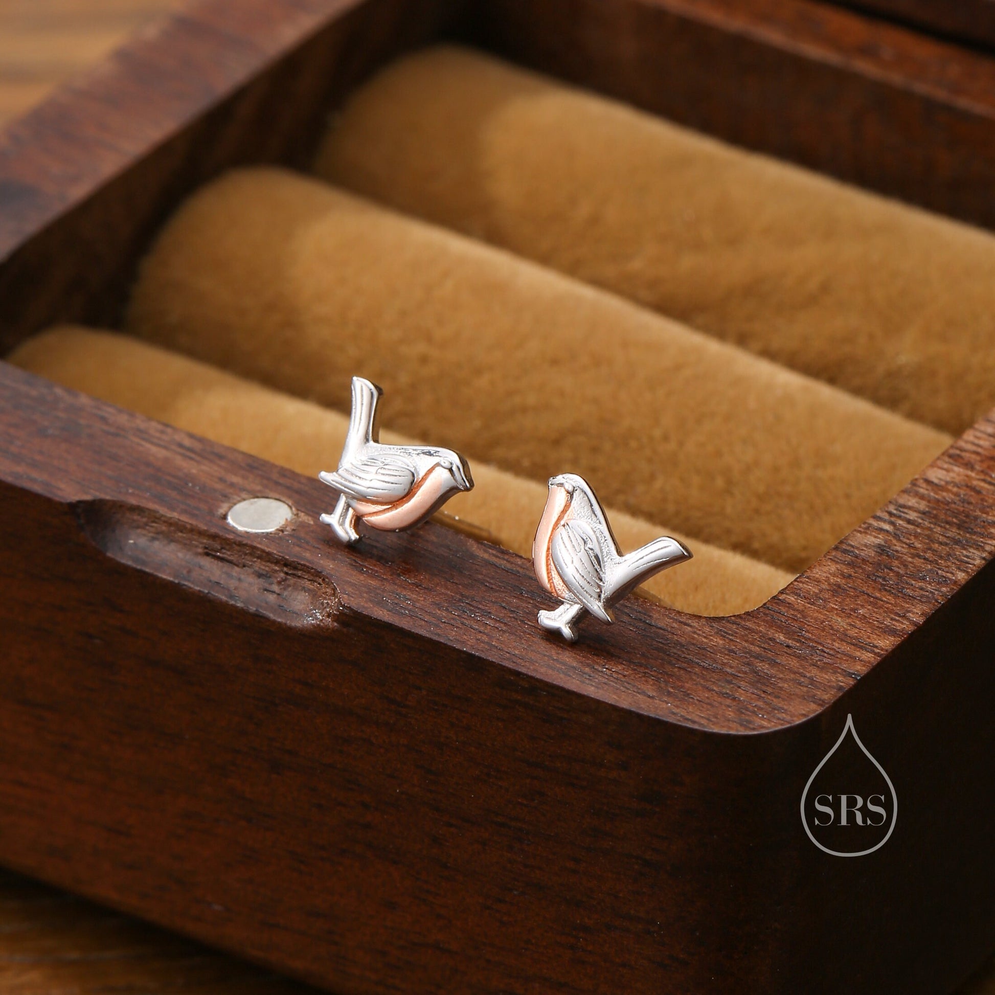 Robin Bird Stud Earrings in Sterling Silver with Partial Rose Gold Coating, Sterling Silver Robin Earrings, Nature Inspired