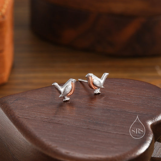 Robin Bird Stud Earrings in Sterling Silver with Partial Rose Gold Coating, Sterling Silver Robin Earrings, Nature Inspired