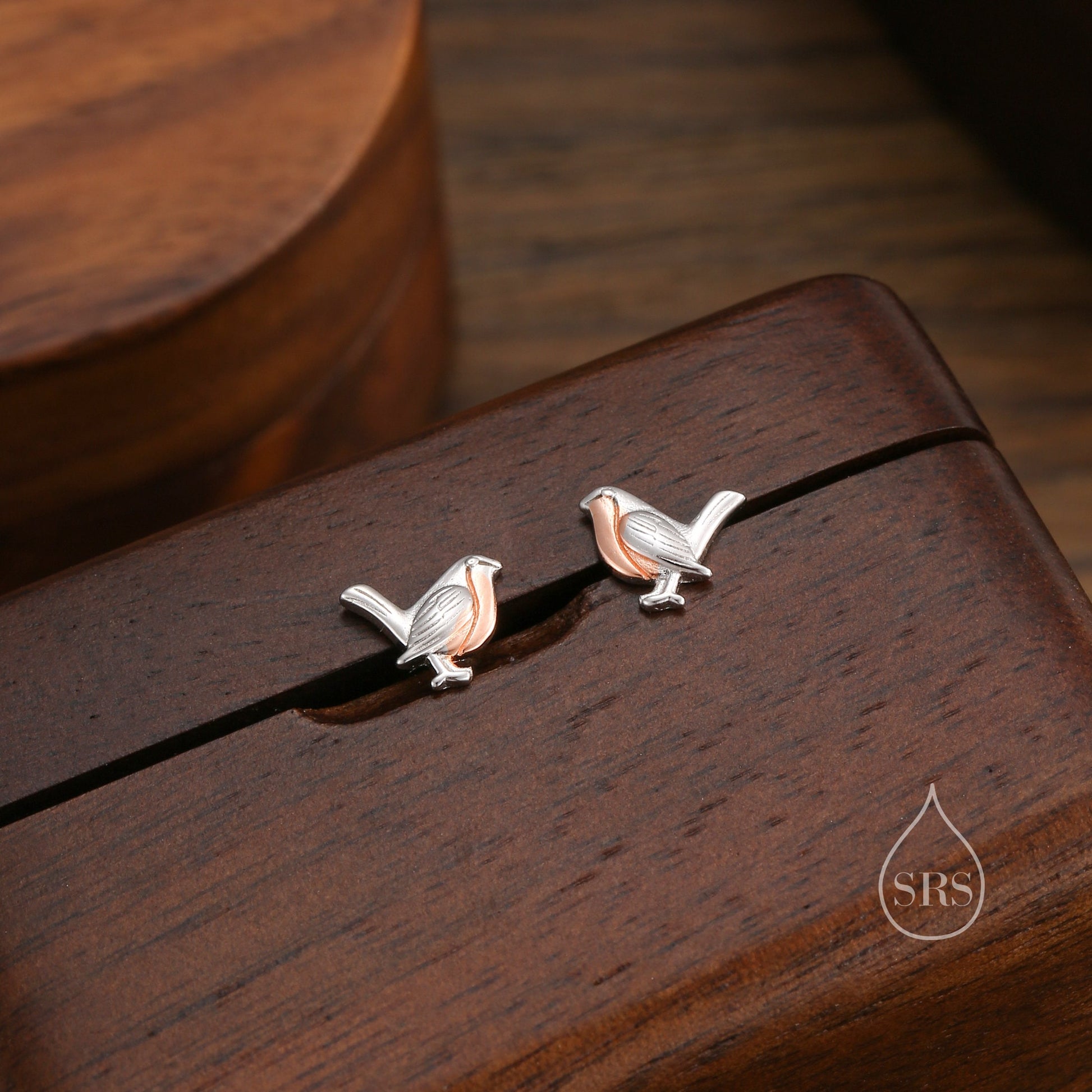 Robin Bird Stud Earrings in Sterling Silver with Partial Rose Gold Coating, Sterling Silver Robin Earrings, Nature Inspired