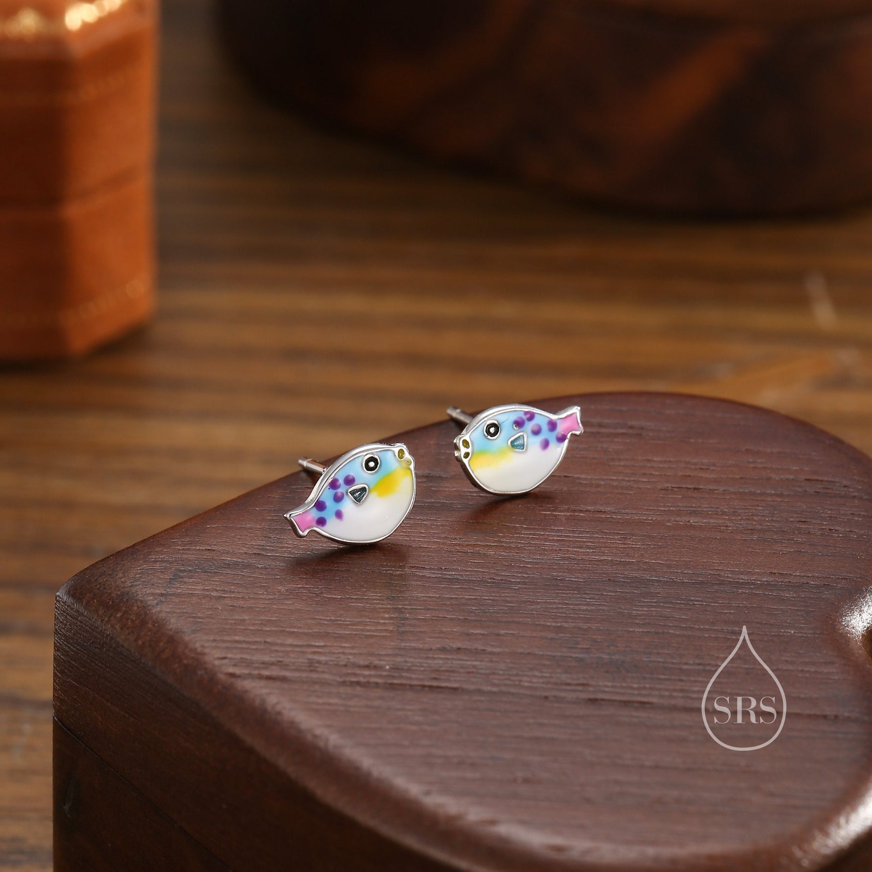 Hand Painted Enamel Puffer Fish Stud Earrings in Sterling Silver, Silver Fish Earrings, Silver Puffer Fish Earrings, Blowfish Earrings