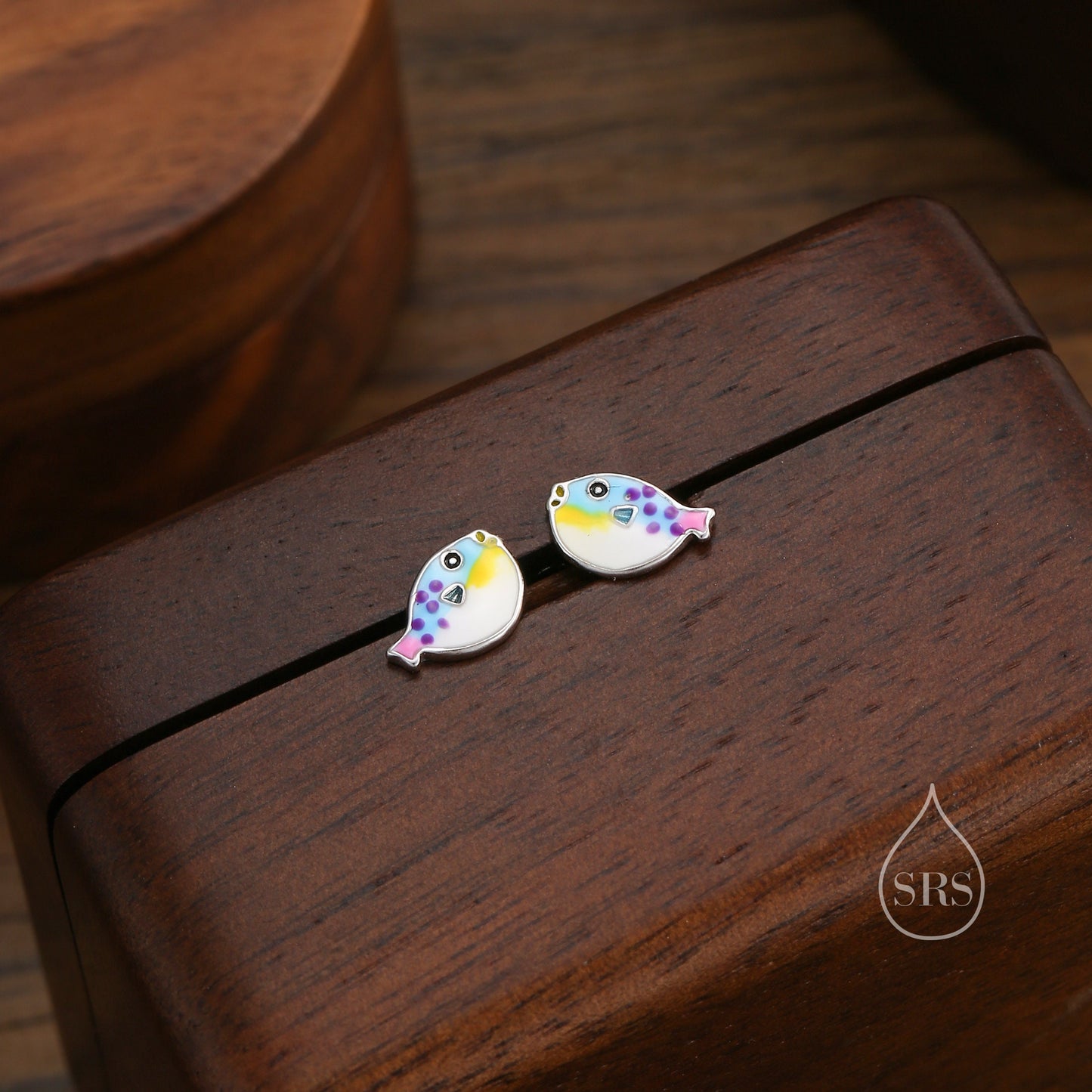 Hand Painted Enamel Puffer Fish Stud Earrings in Sterling Silver, Silver Fish Earrings, Silver Puffer Fish Earrings, Blowfish Earrings