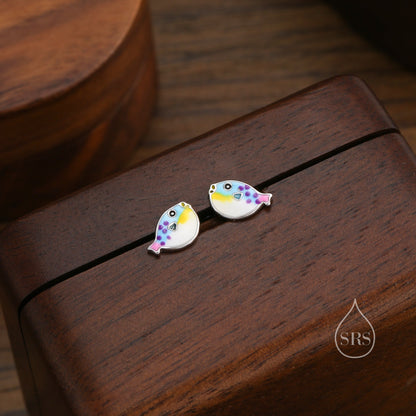 Hand Painted Enamel Puffer Fish Stud Earrings in Sterling Silver, Silver Fish Earrings, Silver Puffer Fish Earrings, Blowfish Earrings