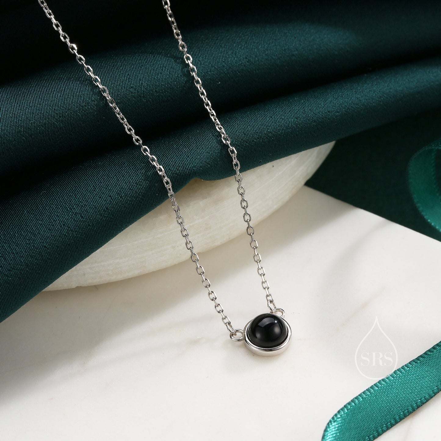 Sterling Silver Genuine Black Onyx Dainty Coin Pendant Necklace - Delicate Black Onyx Stone Coin Necklace