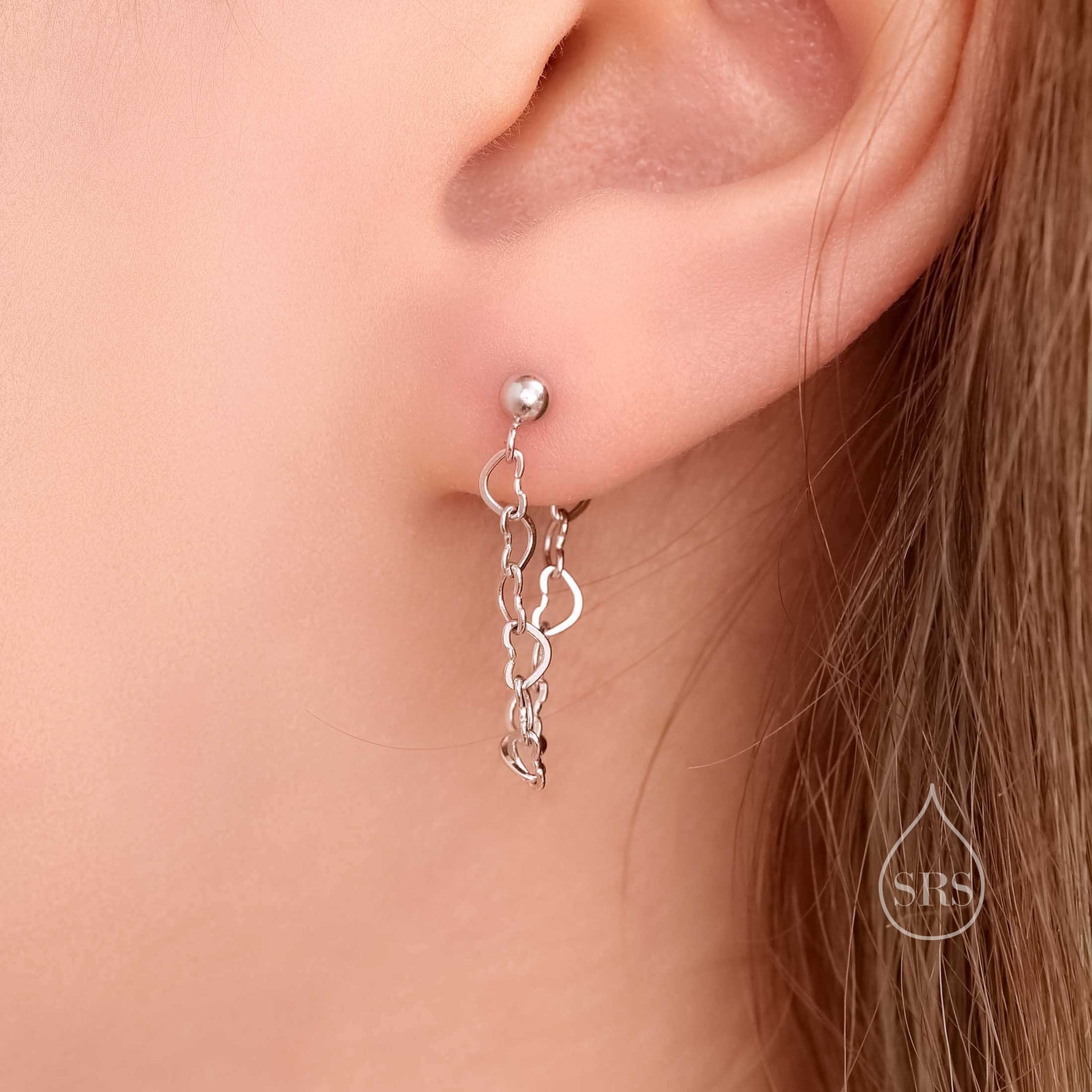 Heart Chain Stud Earrings in Sterling Silver, Silver or Gold, Tiny Ear Jacket, Dainty Jewellery