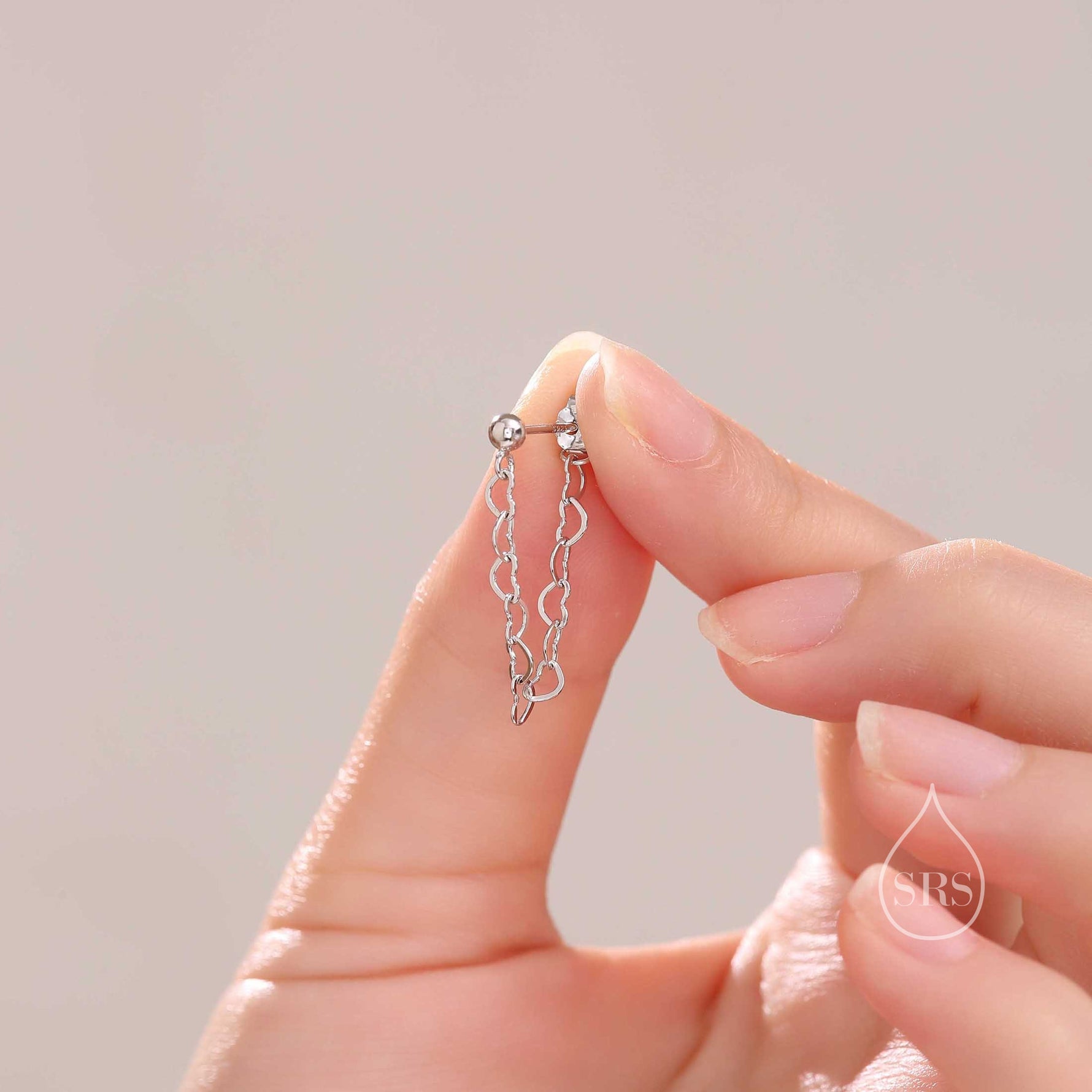 Heart Chain Stud Earrings in Sterling Silver, Silver or Gold, Tiny Ear Jacket, Dainty Jewellery