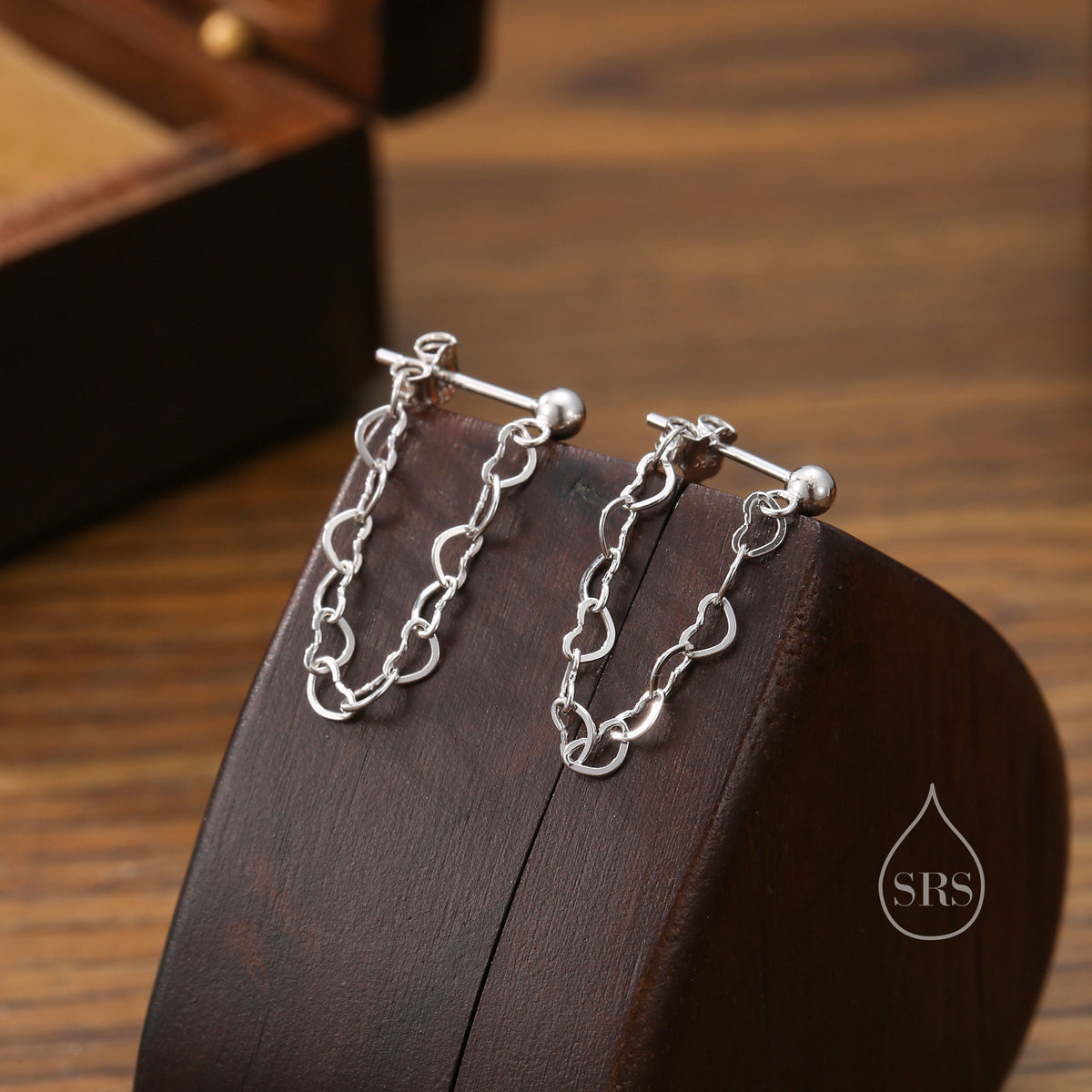 Heart Chain Stud Earrings in Sterling Silver, Silver or Gold, Tiny Ear Jacket, Dainty Jewellery
