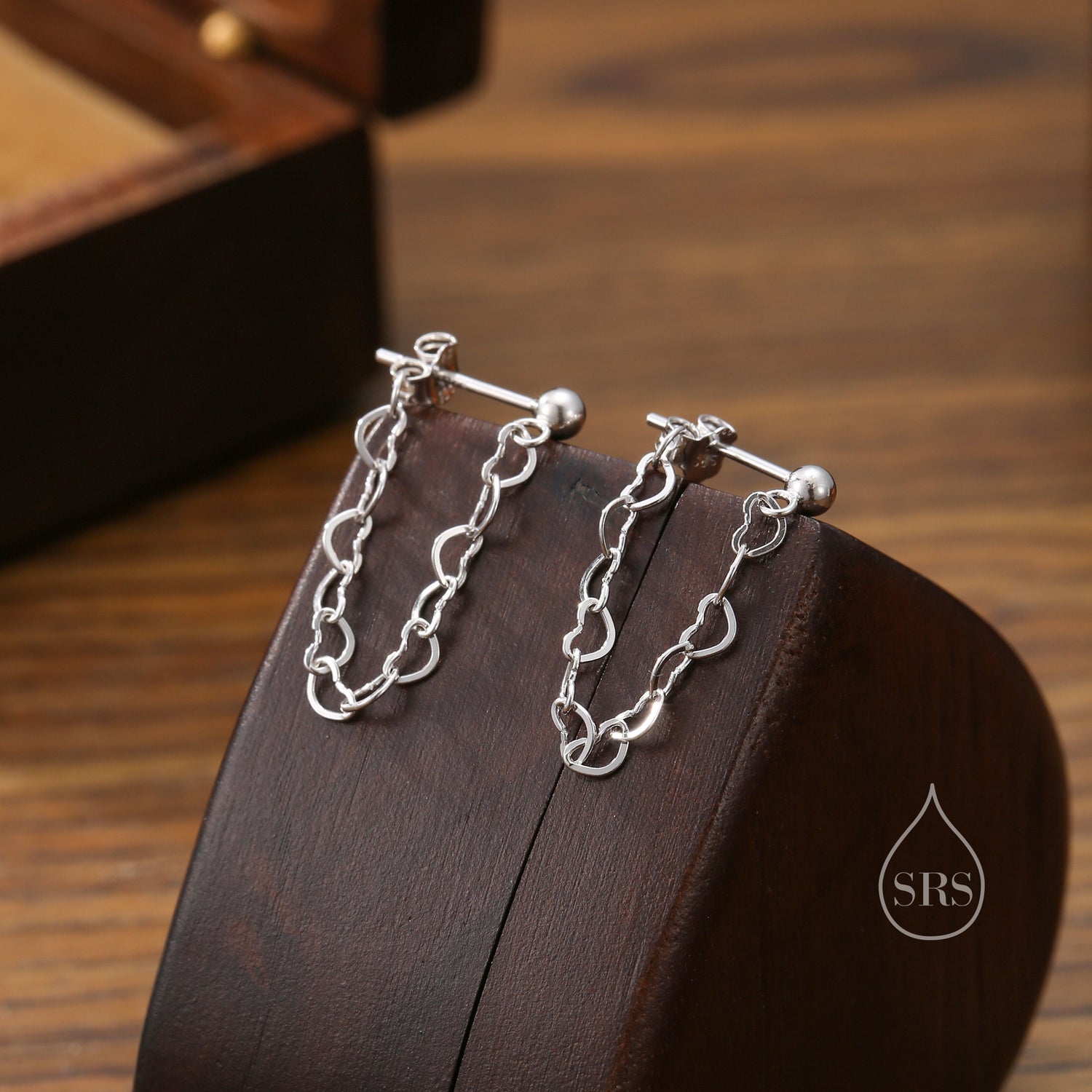 Heart Chain Stud Earrings in Sterling Silver, Silver or Gold, Tiny Ear Jacket, Dainty Jewellery