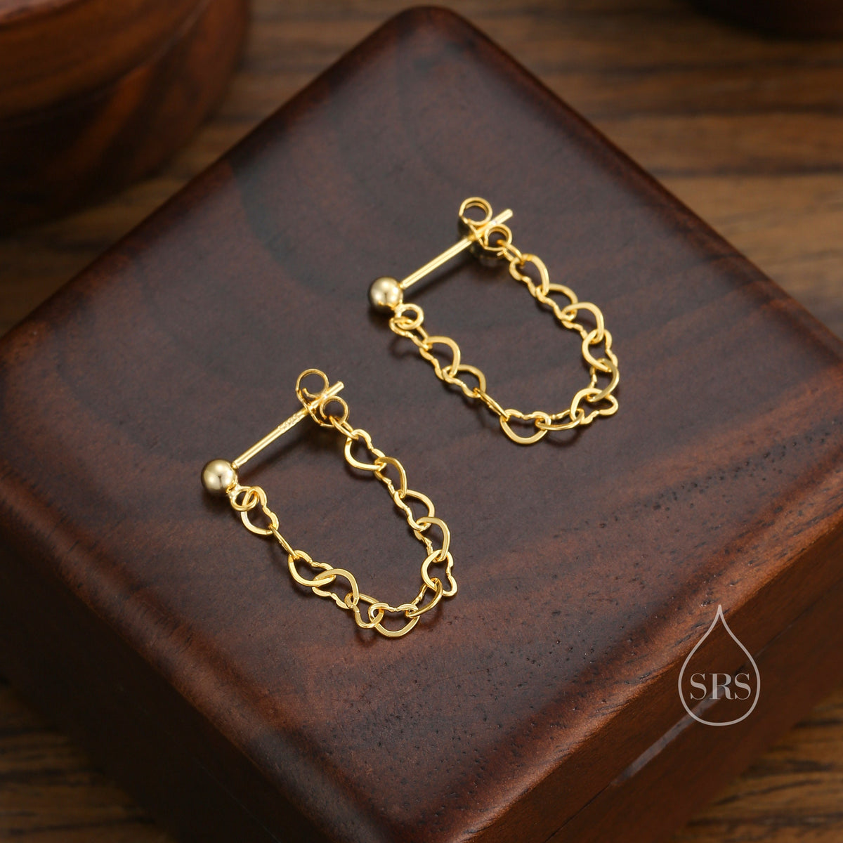 Heart Chain Stud Earrings in Sterling Silver, Silver or Gold, Tiny Ear Jacket, Dainty Jewellery