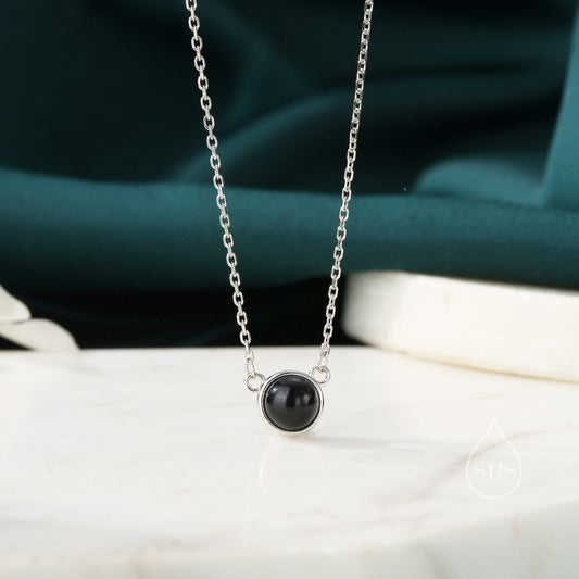 Sterling Silver Genuine Black Onyx Dainty Coin Pendant Necklace - Delicate Black Onyx Stone Coin Necklace