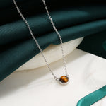 Sterling Silver Genuine Tiger's Eye Dainty Coin Pendant Necklace - Delicate Tiger Eye Stone Coin Necklace