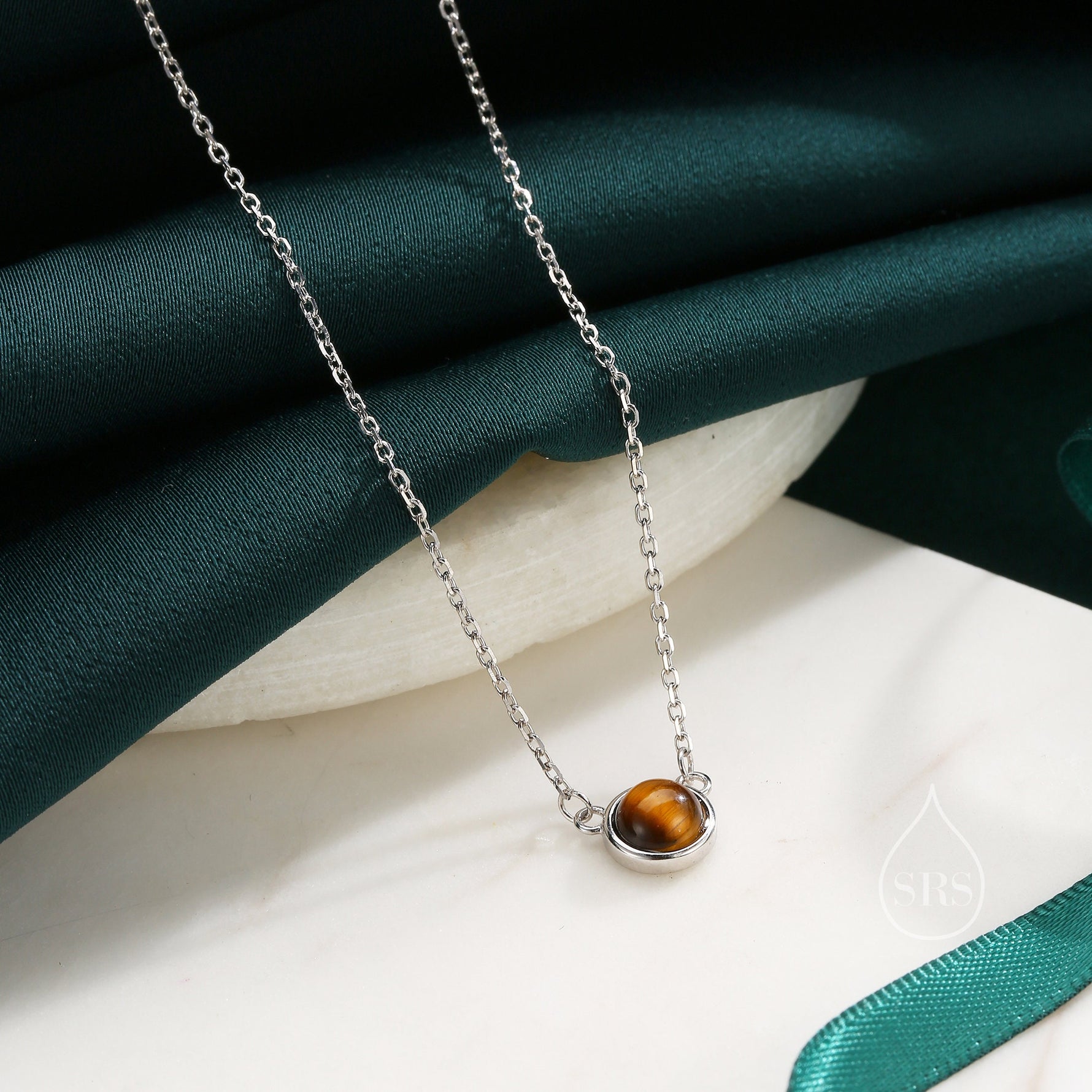 Sterling Silver Genuine Tiger's Eye Dainty Coin Pendant Necklace - Delicate Tiger Eye Stone Coin Necklace