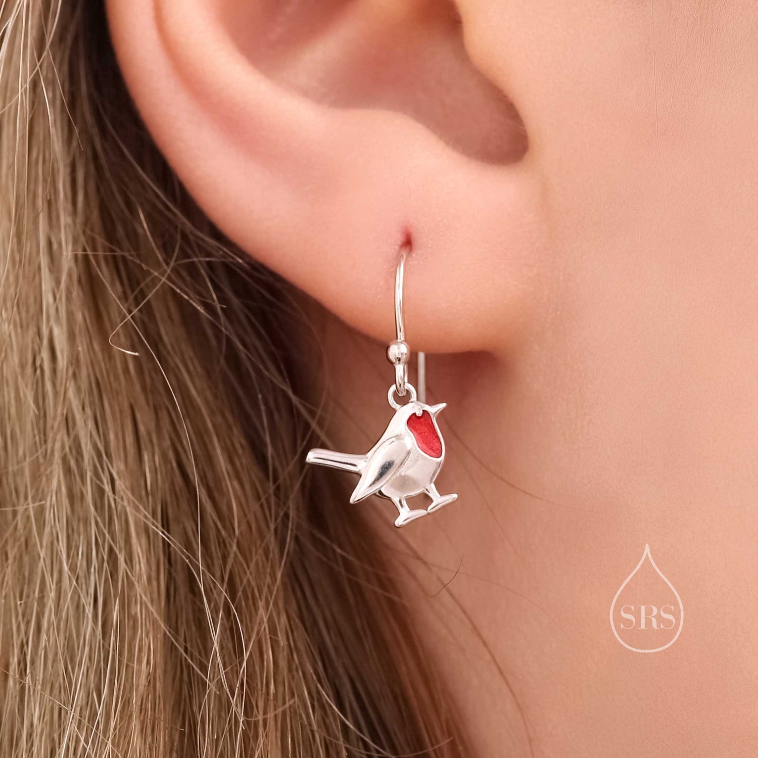 Robin Bird Drop Hook Earrings in Sterling Silver with Enamel Coating, Sterling Silver Robin Earrings, Nature Inspired