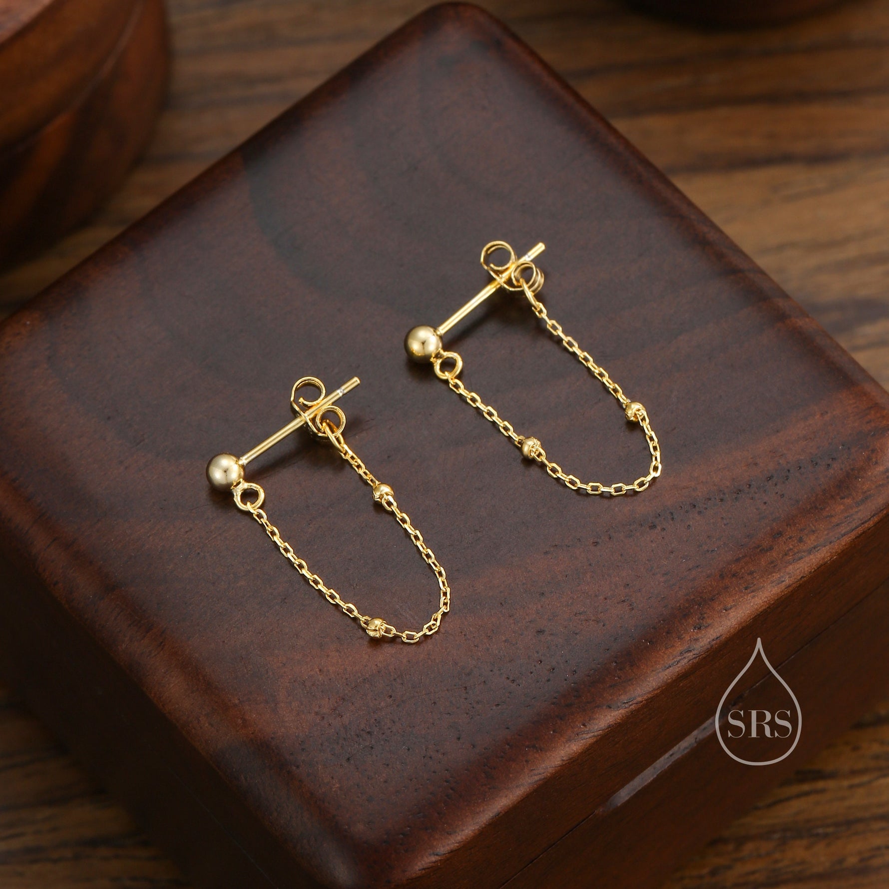 Satellite Ball Chain Stud Earrings in Sterling Silver, Silver or Gold, Tiny Ear Jacket, Dainty Jewellery