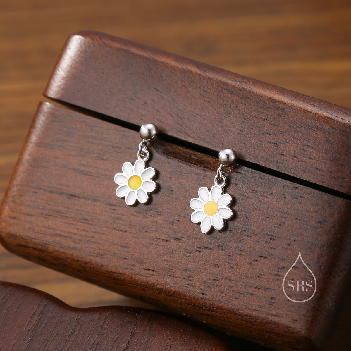 Sterling Silver Enamel Daisy Flower Drop Stud Earrings, Dainty Dangle Daisy Flower Earrings