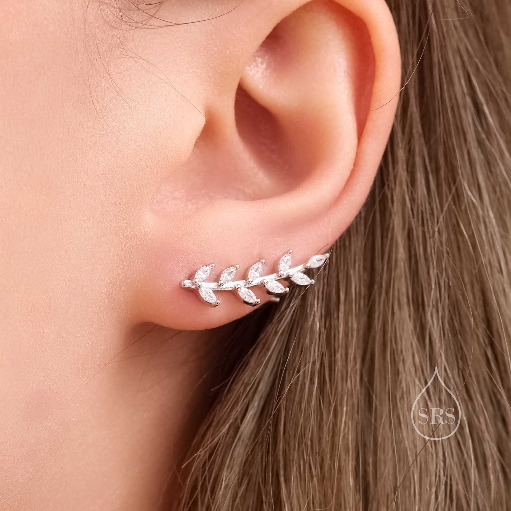 CZ Leaf crawler Earrings in Sterling Silver, Silver, Gold or Rose Gold, Olive Branch Climber Earrings, Nature Inspired Ear Climbers
