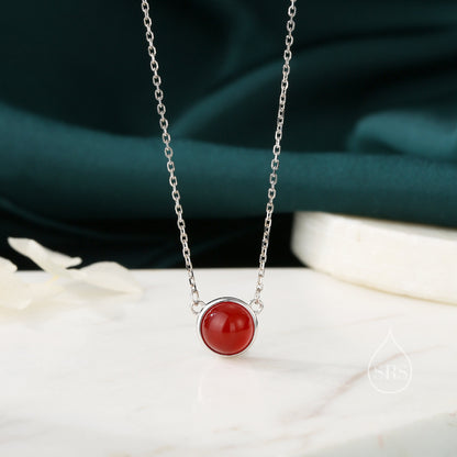 Sterling Silver Genuine Red Onyx Dainty Coin Pendant Necklace - Delicate Red Chalcedony Stone Coin Necklace, January Birthstone