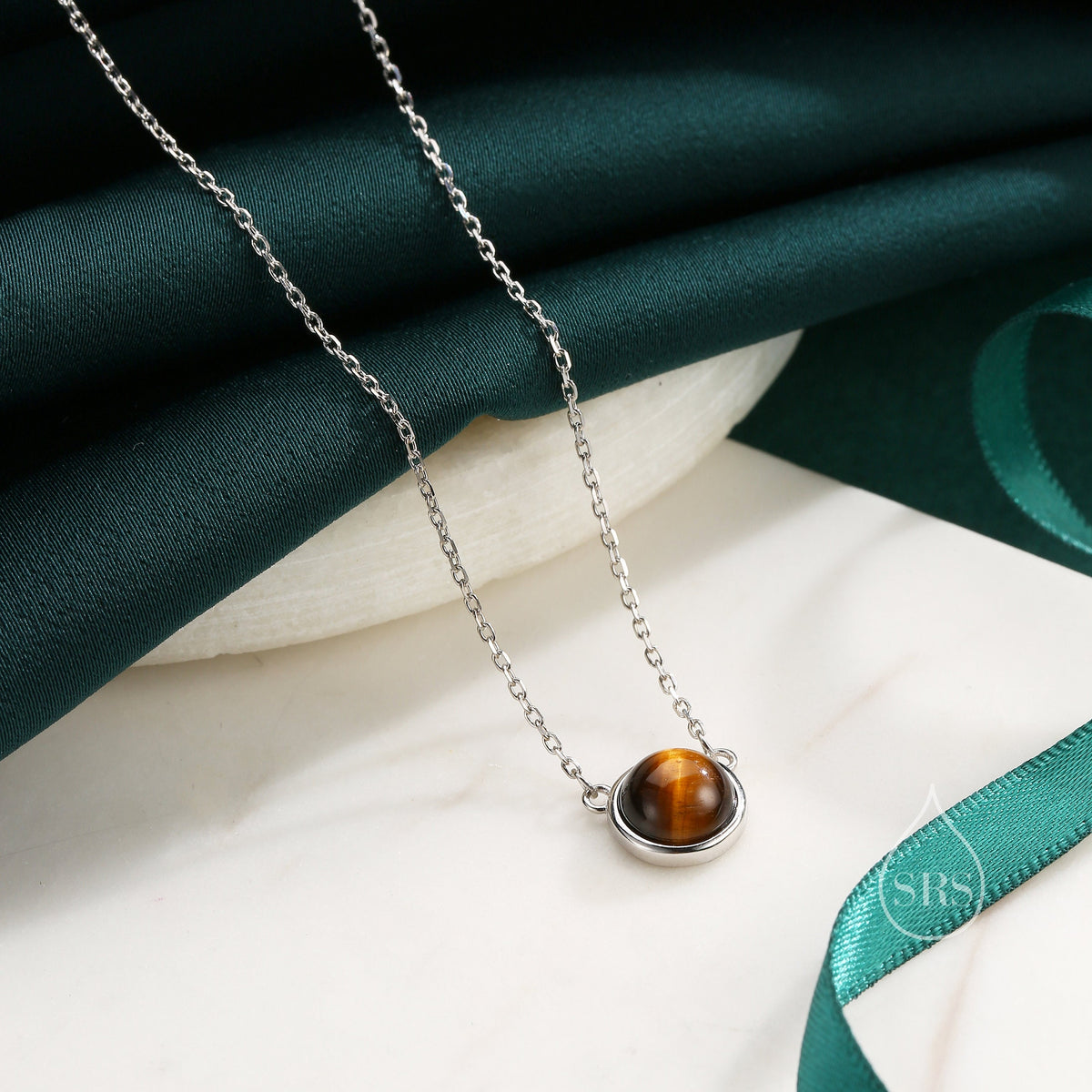Sterling Silver Genuine Tiger's Eye Dainty Coin Pendant Necklace - Delicate Tiger Eye Stone Coin Necklace