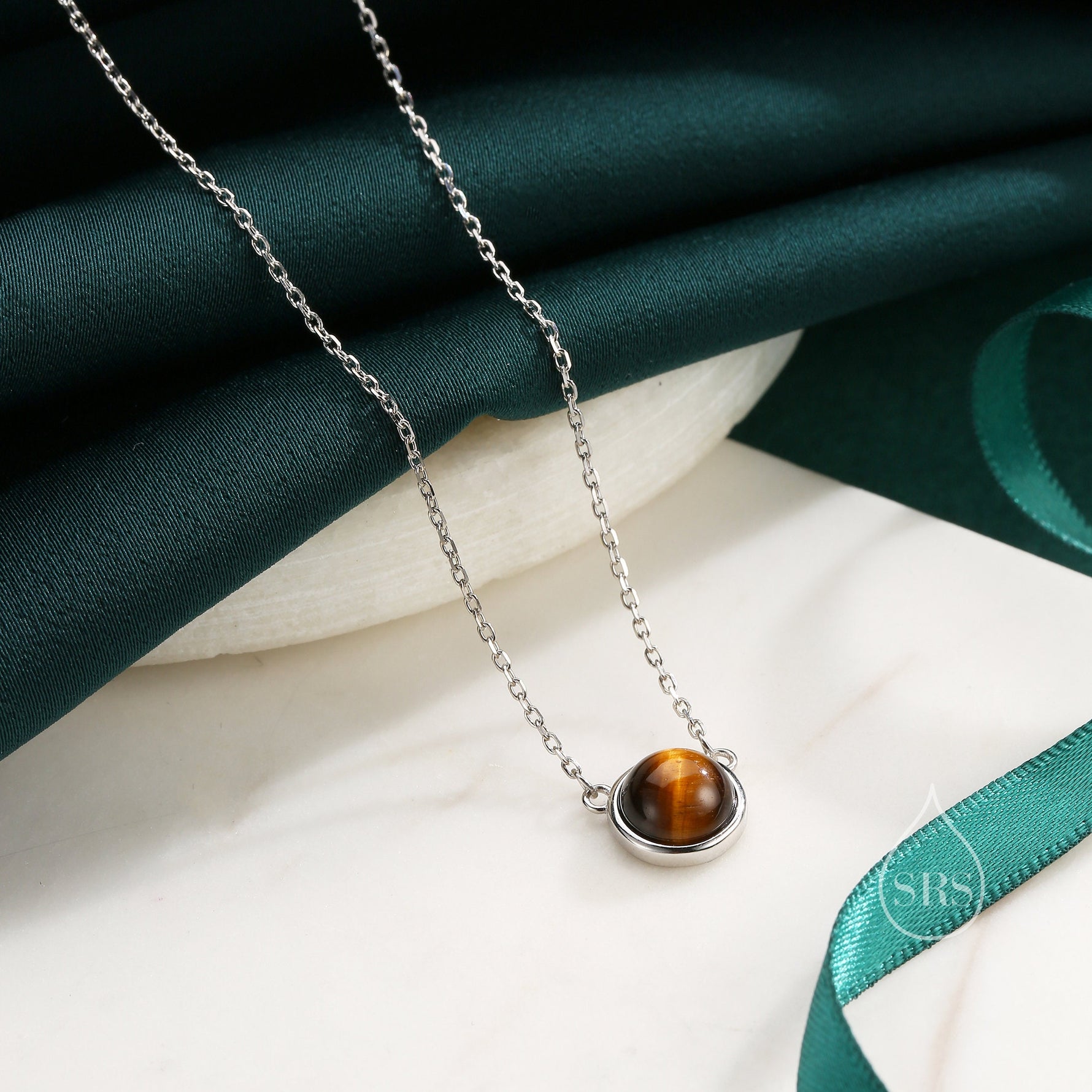 Sterling Silver Genuine Tiger's Eye Dainty Coin Pendant Necklace - Delicate Tiger Eye Stone Coin Necklace