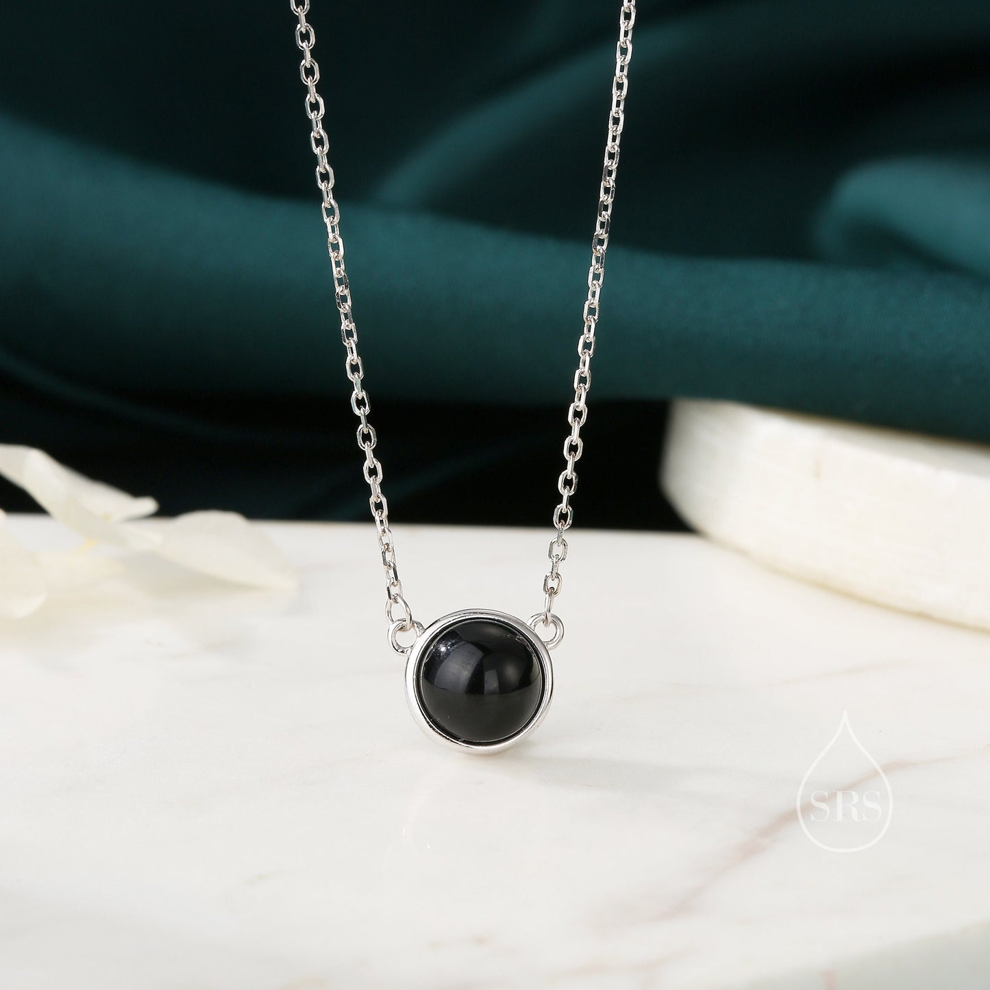 Sterling Silver Genuine Black Onyx Dainty Coin Pendant Necklace - Delicate Black Onyx Stone Coin Necklace