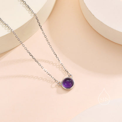 Sterling Silver Genuine Purple Amethyst Dainty Coin Pendant Necklace - Delicate Purple Amethyst Stone Coin Necklace, February Birthstone