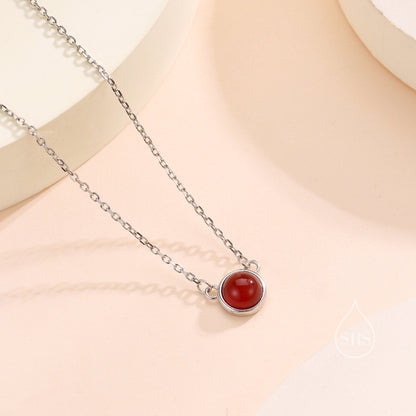 Sterling Silver Genuine Red Onyx Dainty Coin Pendant Necklace - Delicate Red Chalcedony Stone Coin Necklace, January Birthstone