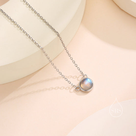 Sterling Silver Genuine Labradorite Dainty Coin Pendant Necklace - Delicate 8mm Labradorite Stone Coin Necklace, Grey Moonstone Necklace