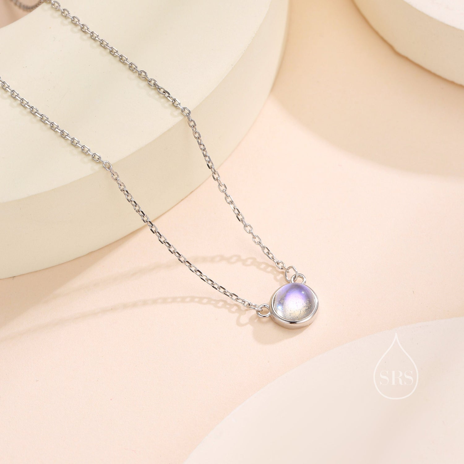 Sterling Silver Moonstone Dainty Coin Pendant Necklace - Delicate Lab Moonstone Coin Necklace