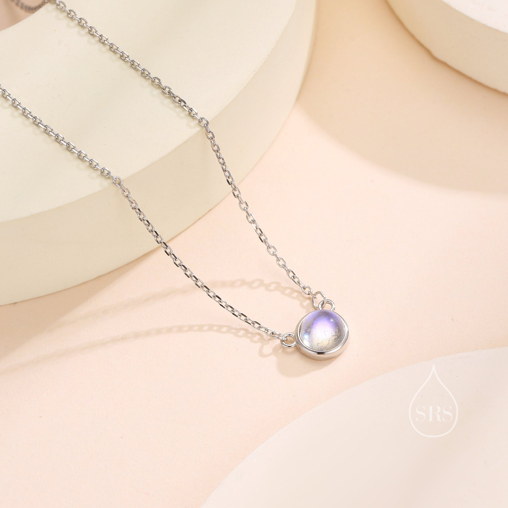 Sterling Silver Moonstone Dainty Coin Pendant Necklace - Delicate Lab Moonstone Coin Necklace